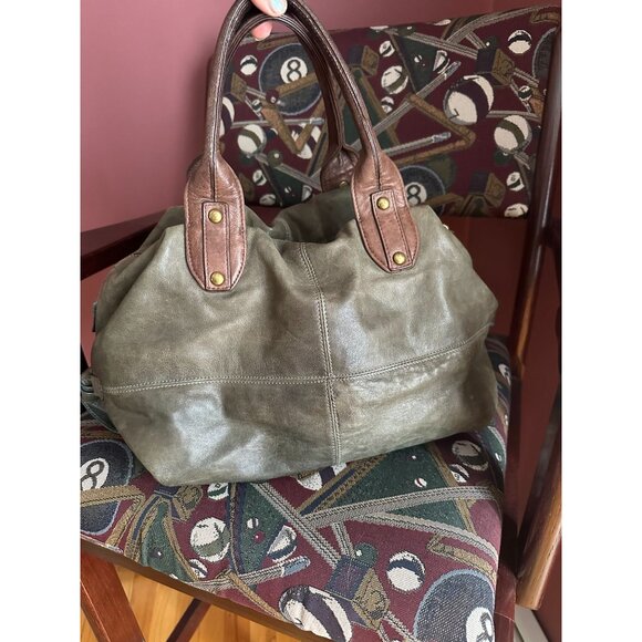 Kooba all leather 2 tone top handle handbag brown and olive green - Picture 4 of 8